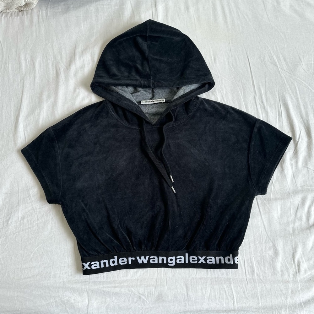 Alexander Wang Black Cropped Hooded Top with Logo Hem